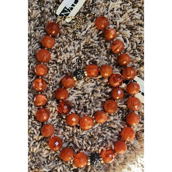 Vtg Large Bead Napier Set Necklace & Bracelet Brown Gold Tone Clasp - Picture 1 of 5